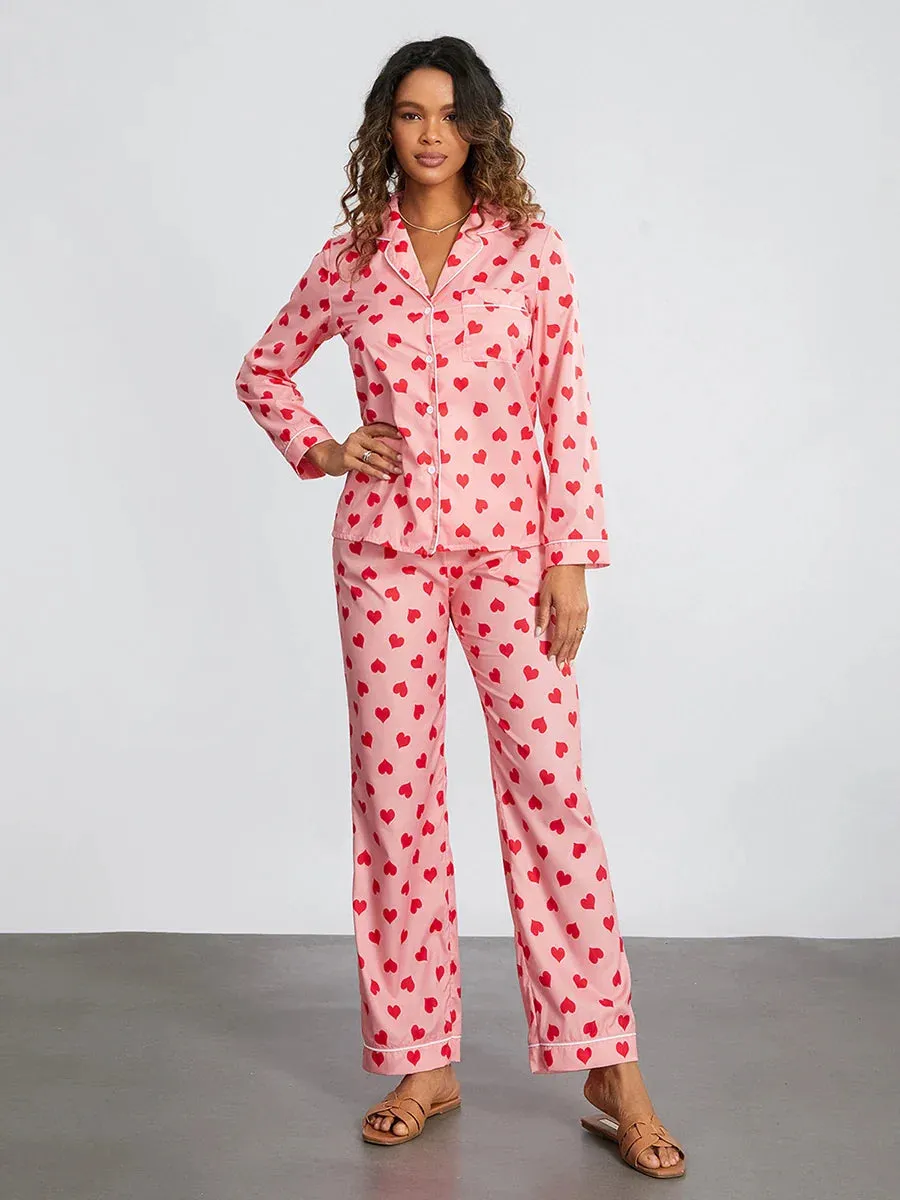 Heart Print Long Sleeve Button Closure Tops Pants Loungewear Cotton Pajamas