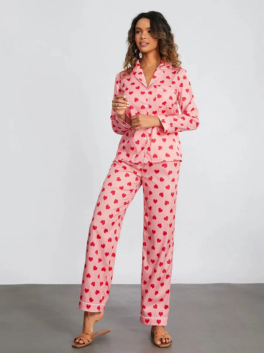 Heart Print Long Sleeve Button Closure Tops Pants Loungewear Cotton Pajamas