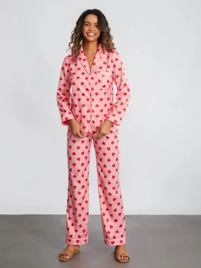 Heart Print Long Sleeve Button Closure Tops Pants Loungewear Cotton Pajamas