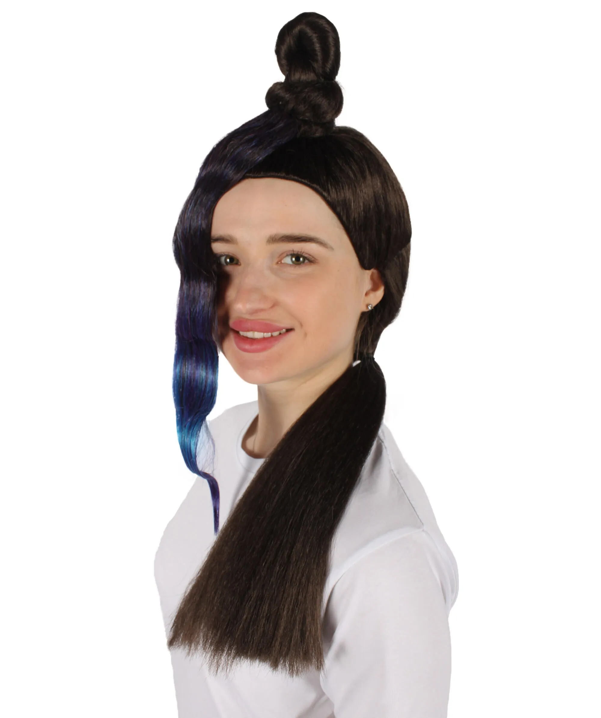 HPO Adult Women's Half Bun Wig, Black and Blue Cosplay Wig, Flame-retardant Synthetic Fiber