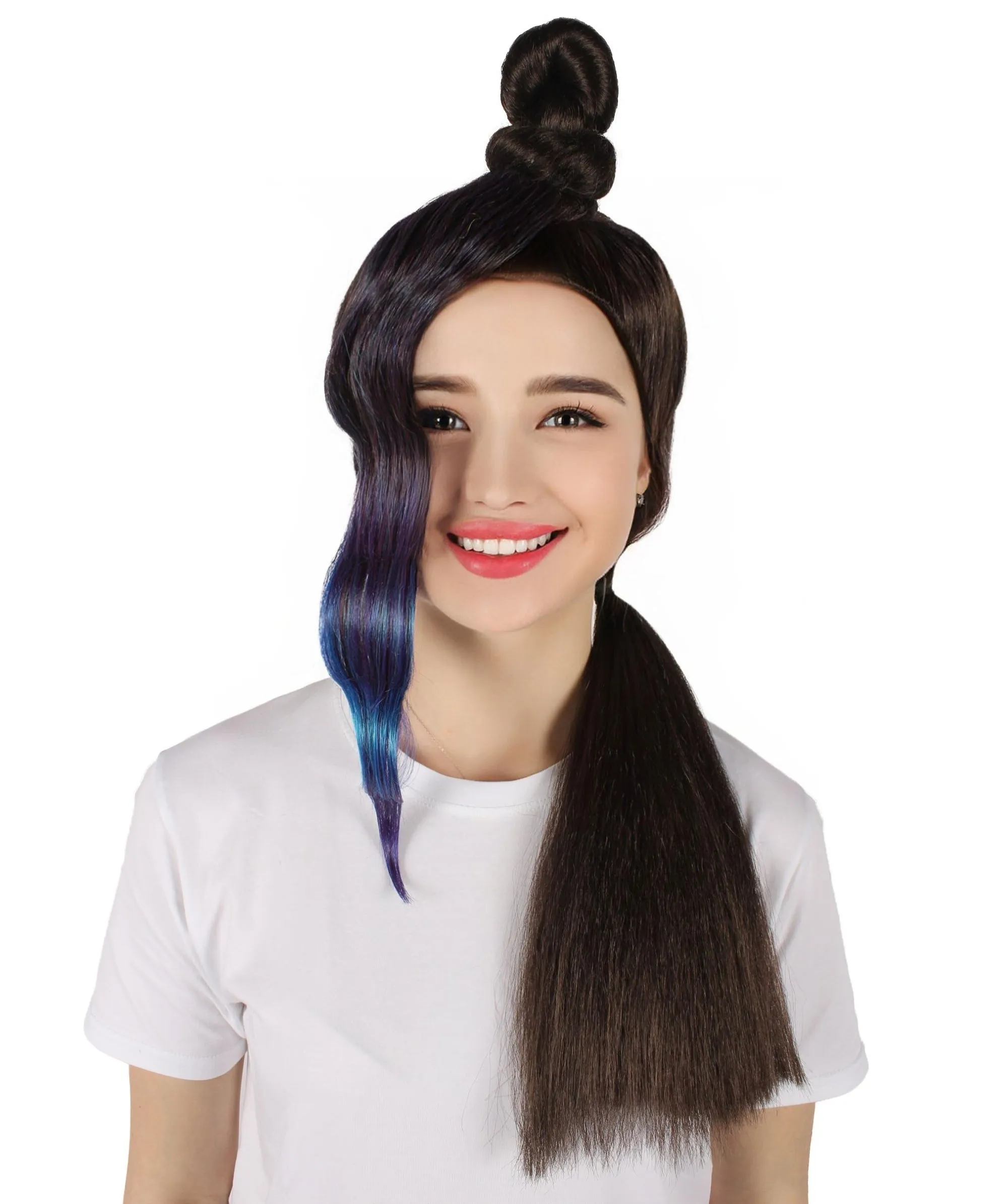 HPO Adult Women's Half Bun Wig, Black and Blue Cosplay Wig, Flame-retardant Synthetic Fiber