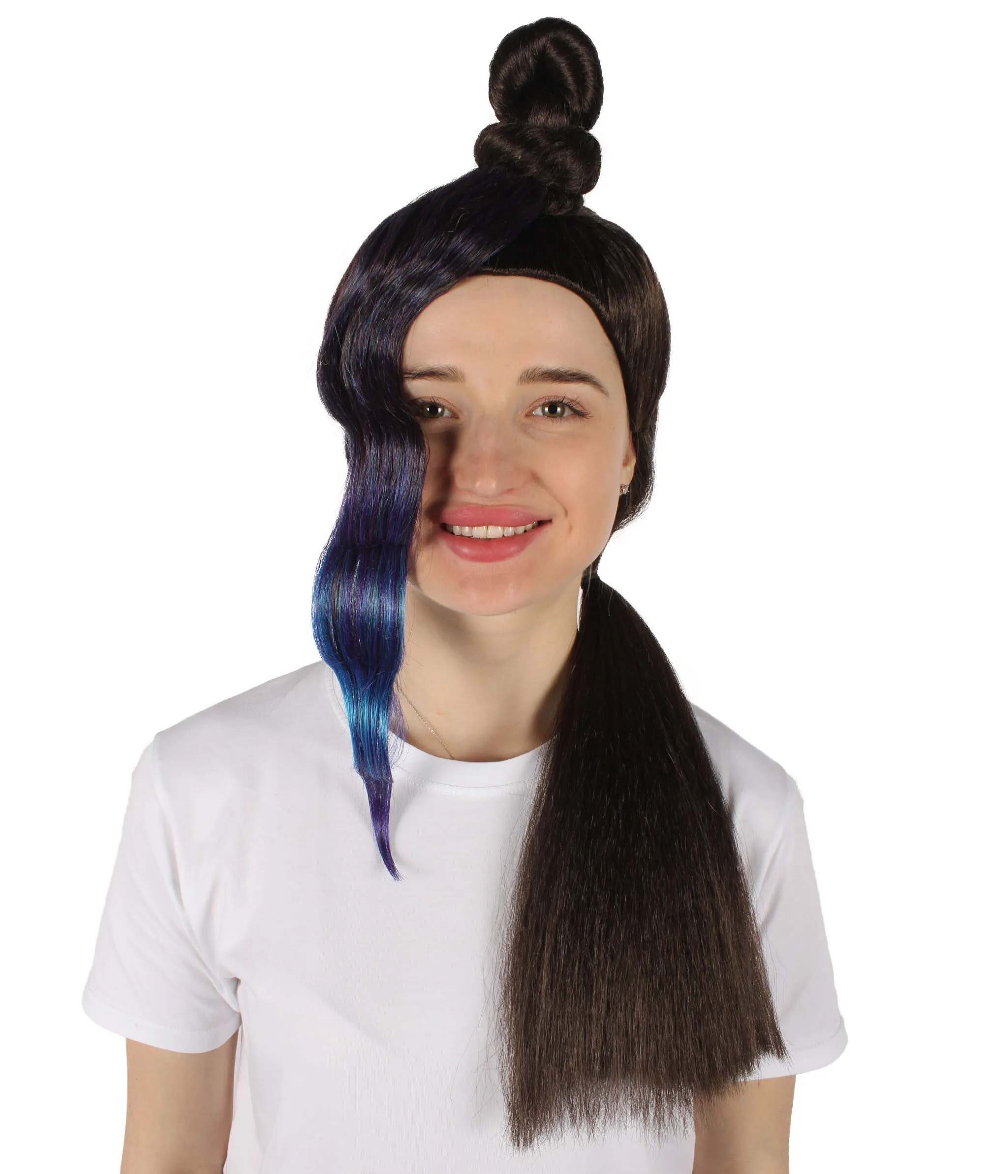 HPO Adult Women's Half Bun Wig, Black and Blue Cosplay Wig, Flame-retardant Synthetic Fiber