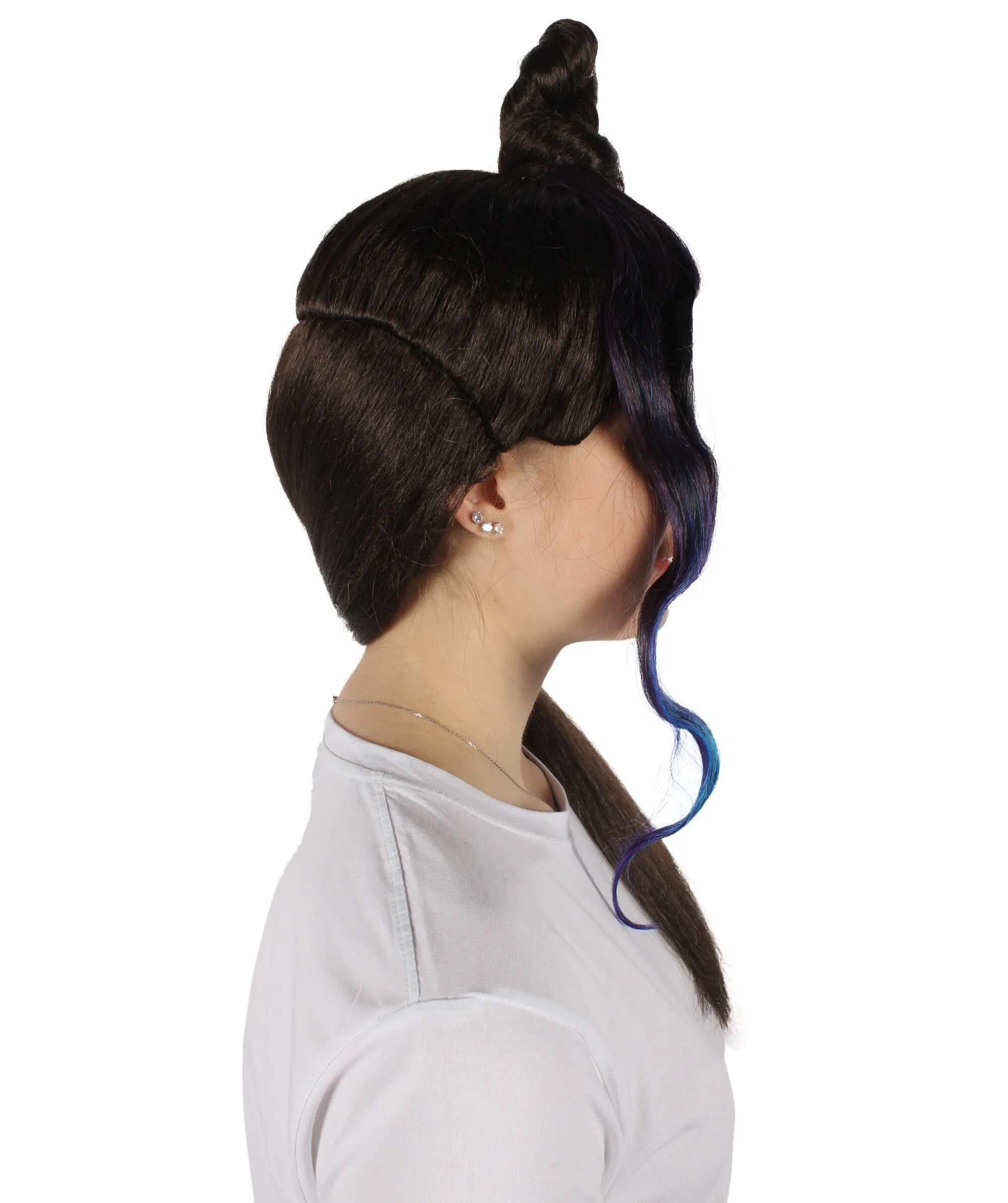 HPO Adult Women's Half Bun Wig, Black and Blue Cosplay Wig, Flame-retardant Synthetic Fiber