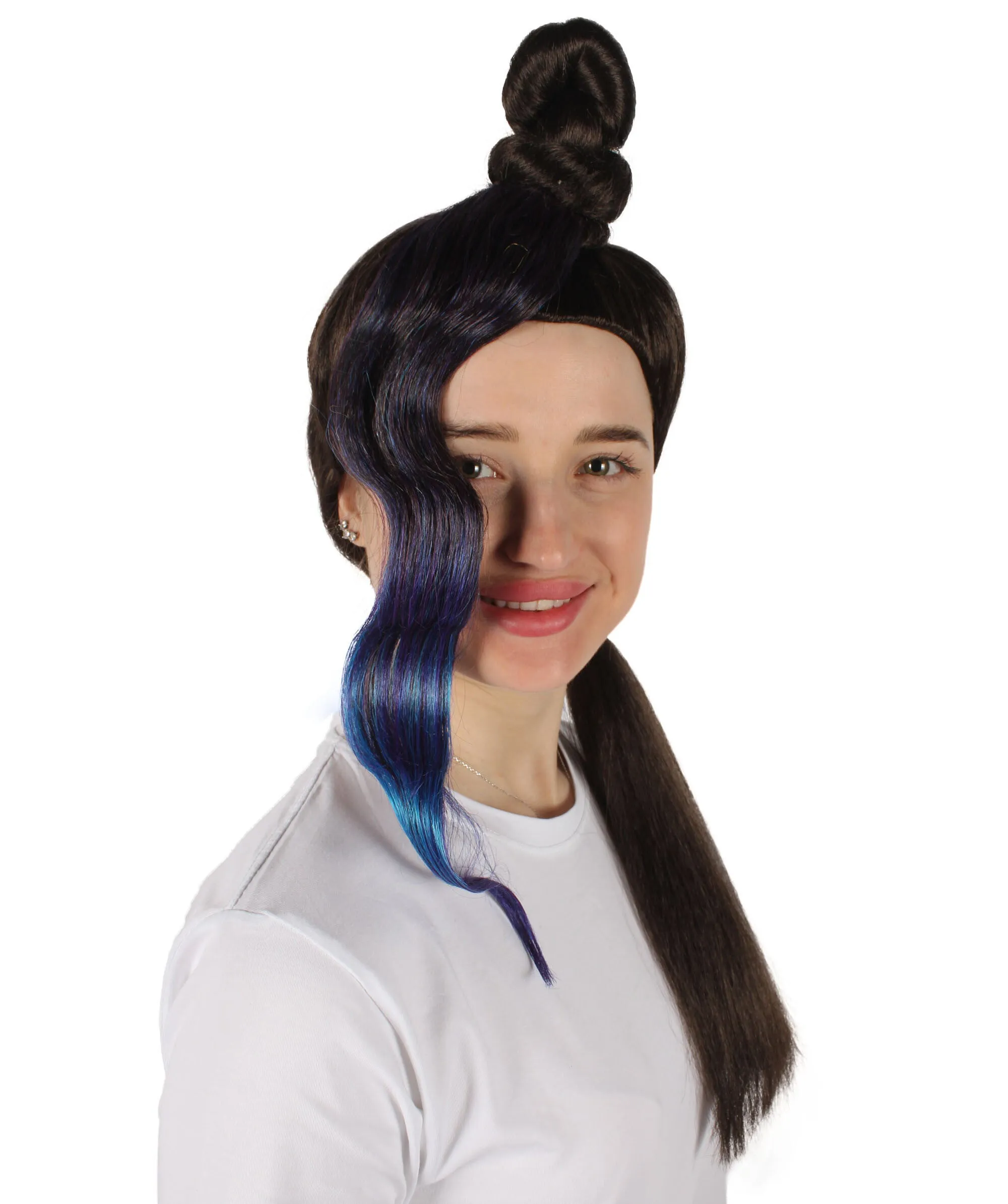 HPO Adult Women's Half Bun Wig, Black and Blue Cosplay Wig, Flame-retardant Synthetic Fiber