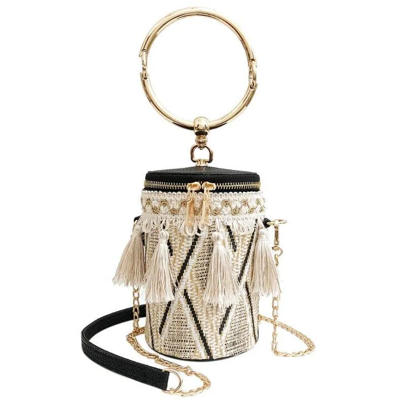 Japan Style Bucket Cylindrical Straw Handbag