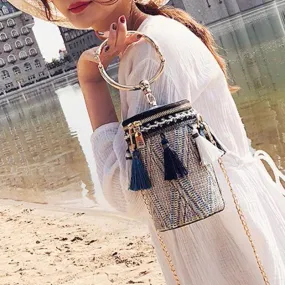 Japan Style Bucket Cylindrical Straw Handbag