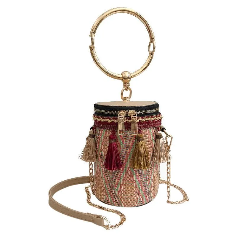 Japan Style Bucket Cylindrical Straw Handbag