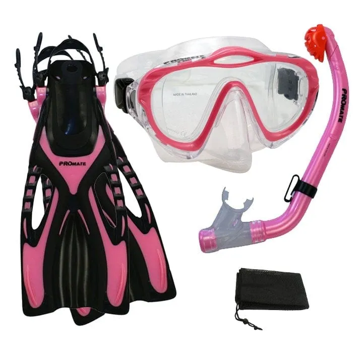 Junior Snorkeling Scuba Diving PURGE Mask DRY Snorkel Fins w/ Mesh Bag Set for kids - SCS0041