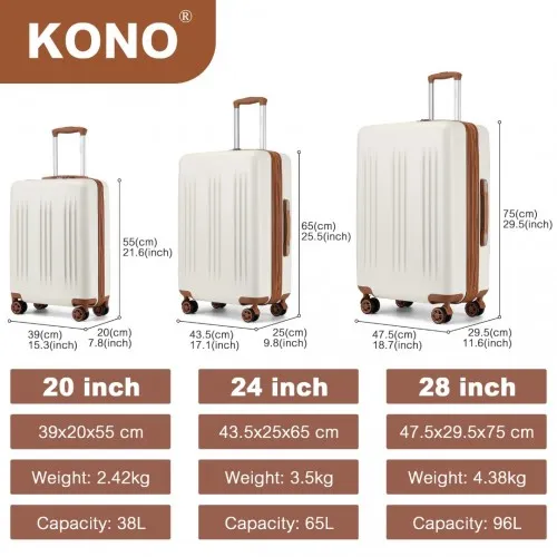 Kono 3 Piece Luggage Set - Expandable Suitcase with TSA Lock, Spinner Wheels - Cream and Brown (20/24/28 Inch)