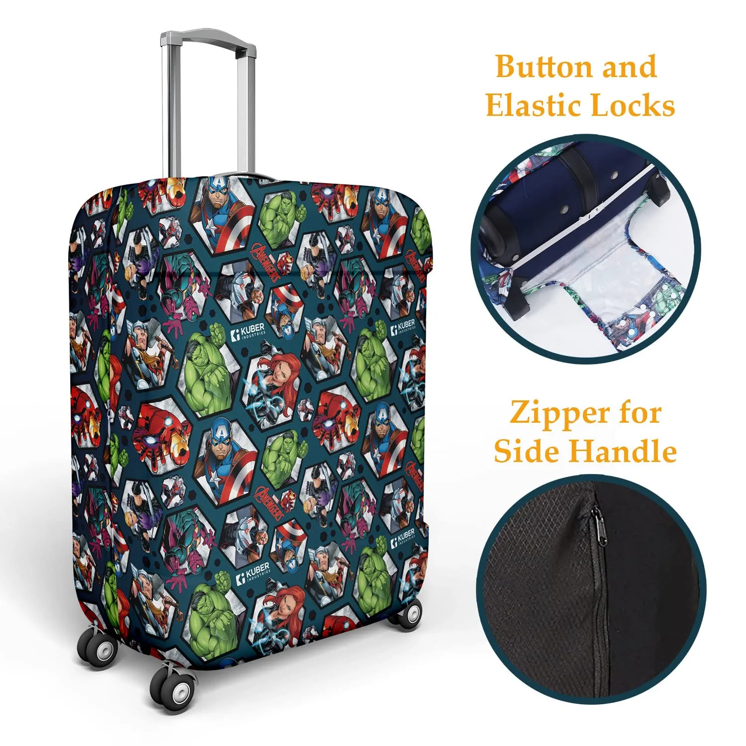 Kuber Industries Marvel Avengers Luggage Cover | Polyester Travel Suitcase Cover | Washable | Stretchable Suitcase Protector | 22-26 Inch | Medium | Blue