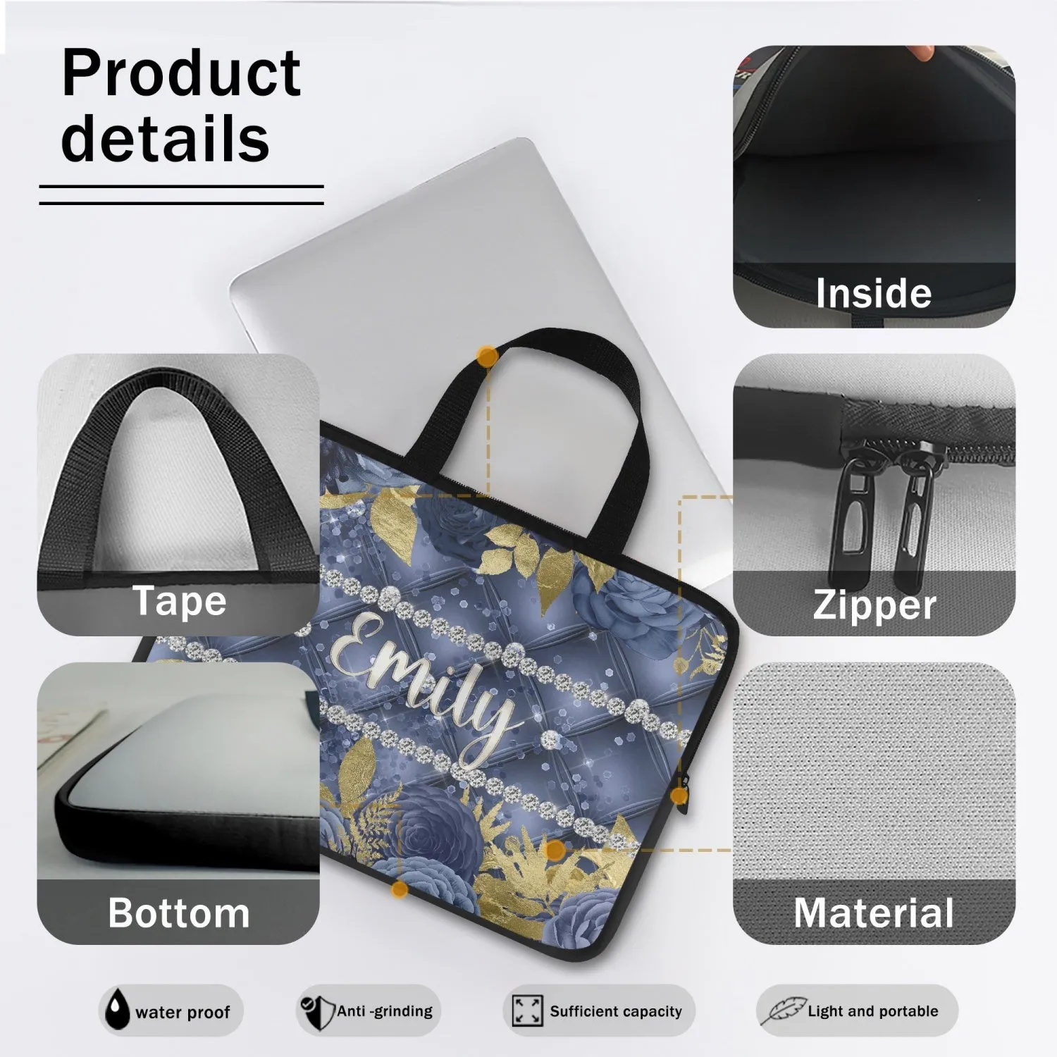 Laptop Sleeve with handles - Navy Floral - Personalised