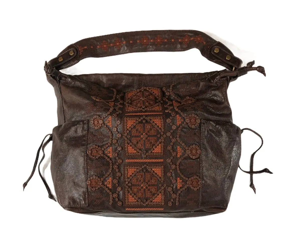 Large Brown Leather Embroidered Hobo Bag