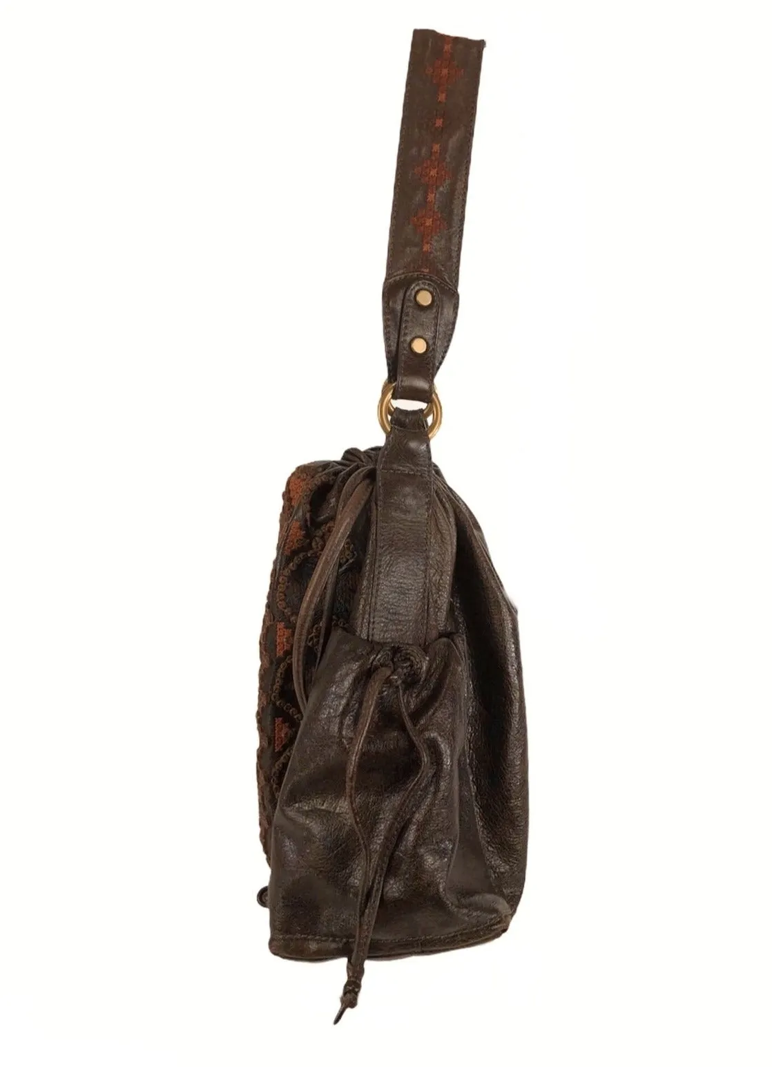 Large Brown Leather Embroidered Hobo Bag