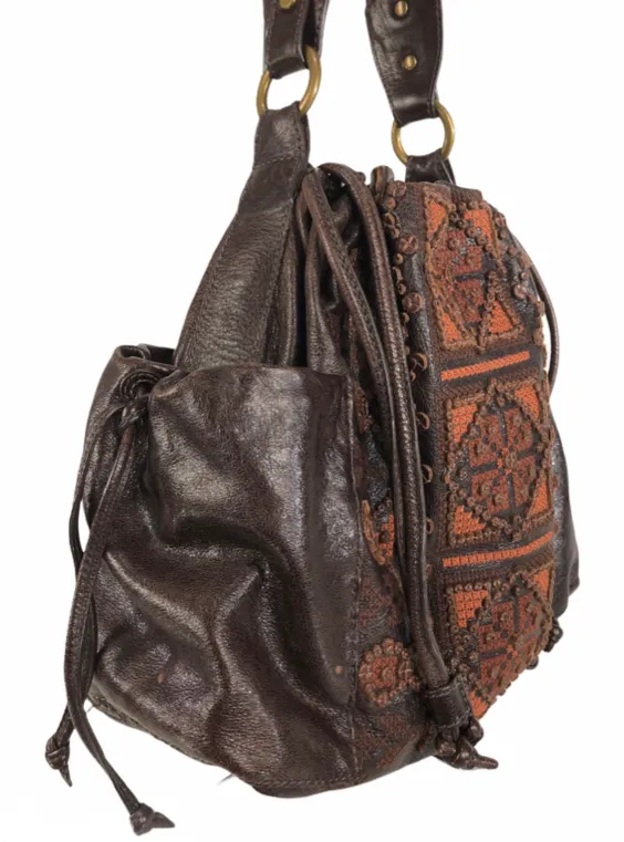 Large Brown Leather Embroidered Hobo Bag