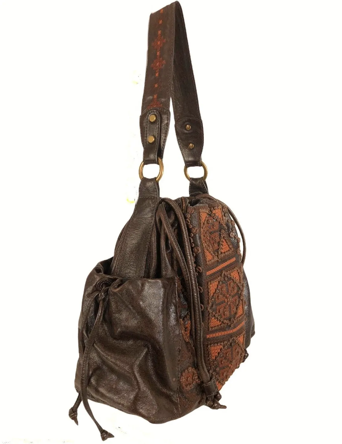 Large Brown Leather Embroidered Hobo Bag