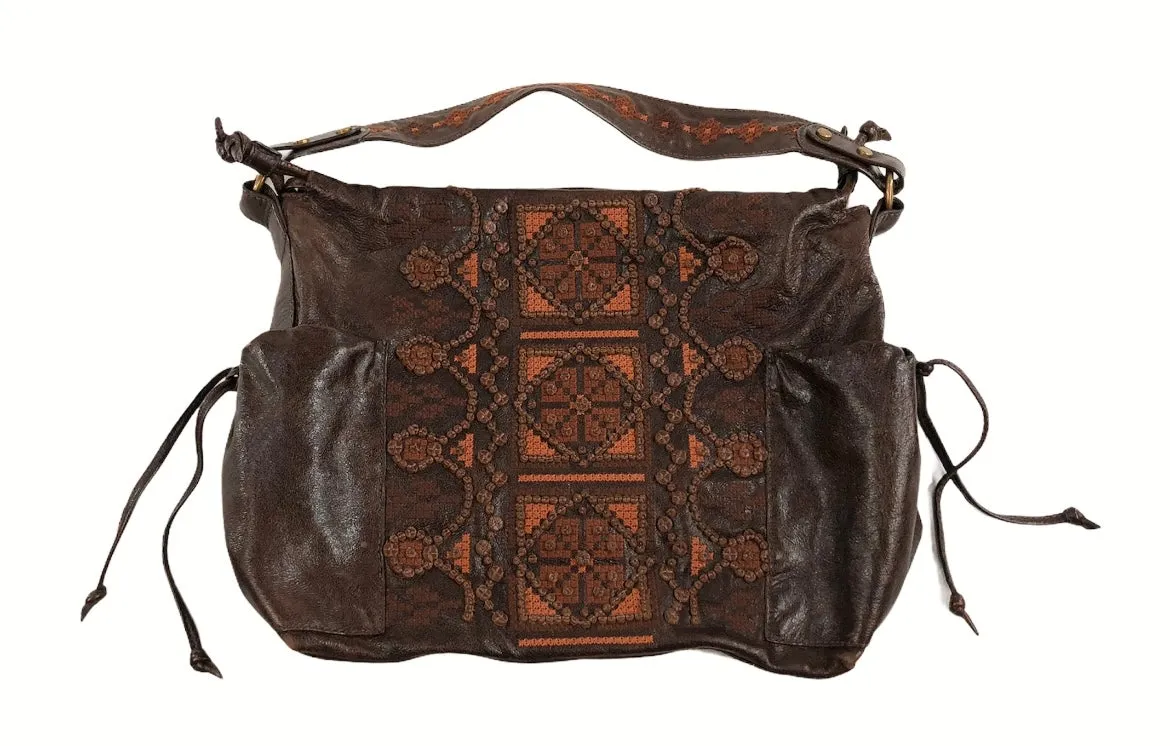 Large Brown Leather Embroidered Hobo Bag