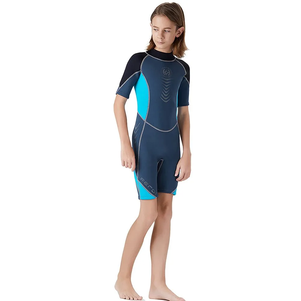 Little Surprise Box Colorblock Black & Light Blue 2.5mm Neoprene Knee Length,Half Sleeves Kids Swimsuit