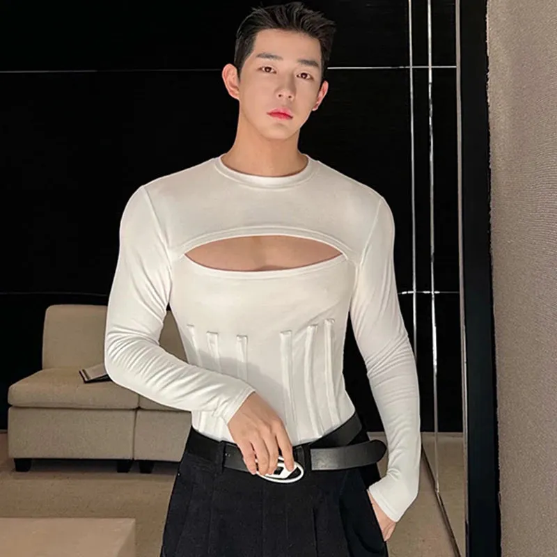 Male T-shirt Personality Close-fitting Hollow Out Girdling Round Collar Solid Color Men's Long Sleeve Tops Chic 9C4789