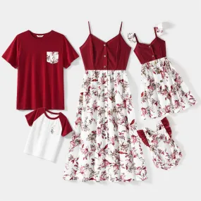 Matching Family Mother Daughter V Neck Floral Spaghetti Strap Dresses Father Son Short-sleeve T-shirts Sets