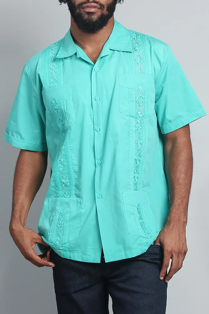 Men's Short Sleeve Cuban Style Guayabera Shirt (Aqua)