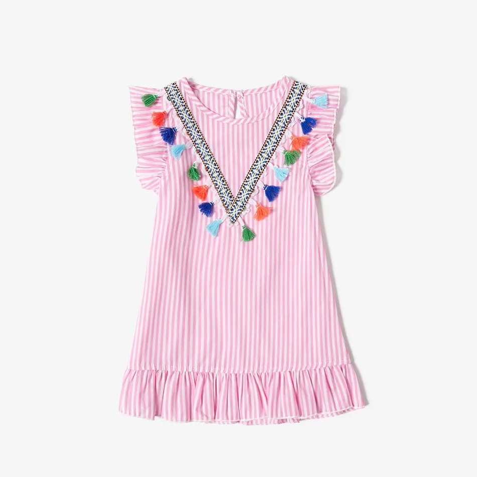 Mom and Daughter Dress Boho Mommy and Me Dresses Stripe Tassel Print Sleeveless