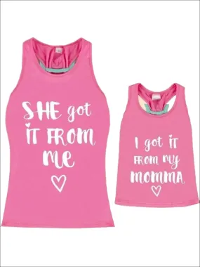 Mommy And Me Pink Mint Back Bow  "I Got It From My Momma" Tank