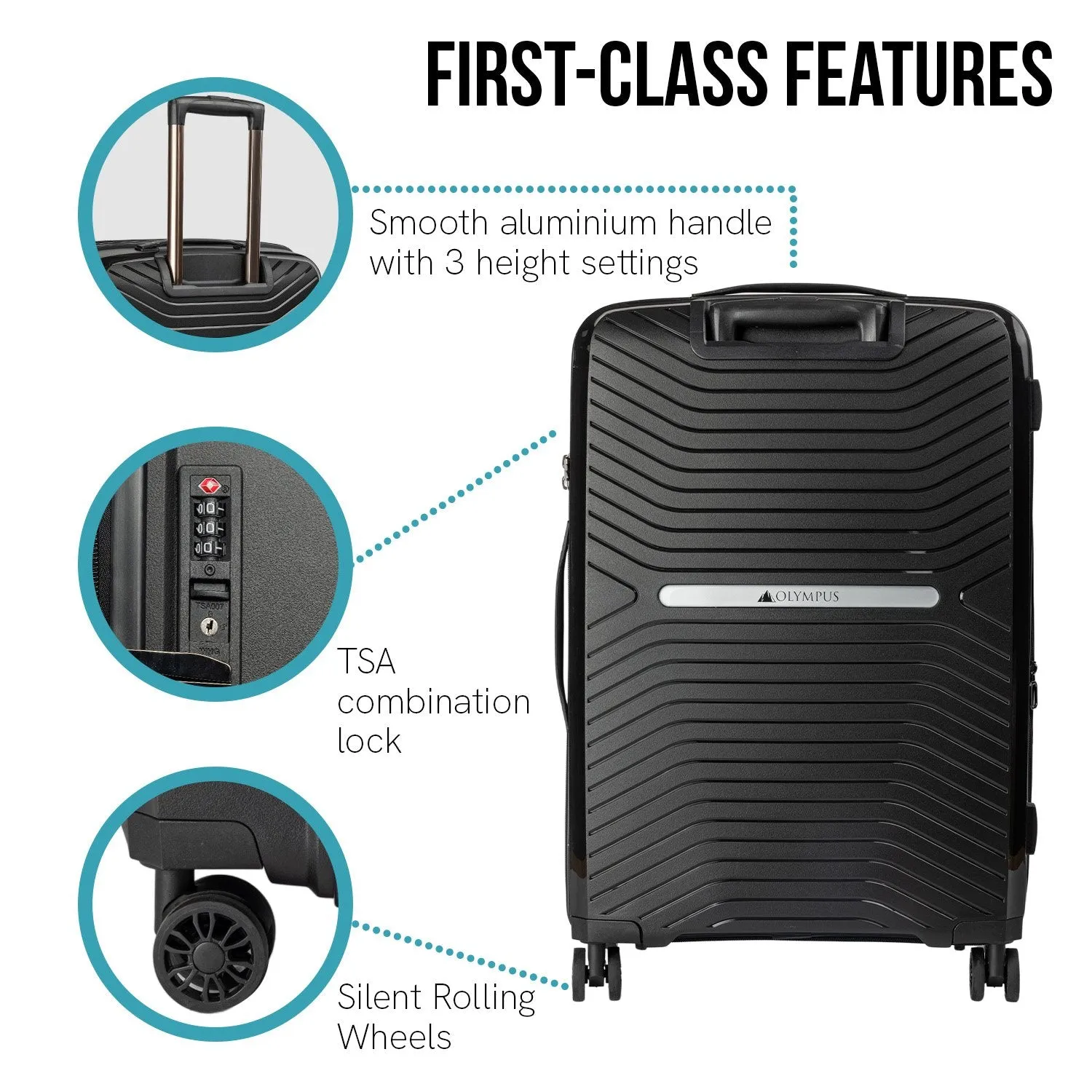 Olympus 3PC Astra Luggage Set Hard Shell Suitcase - Obsidian Black