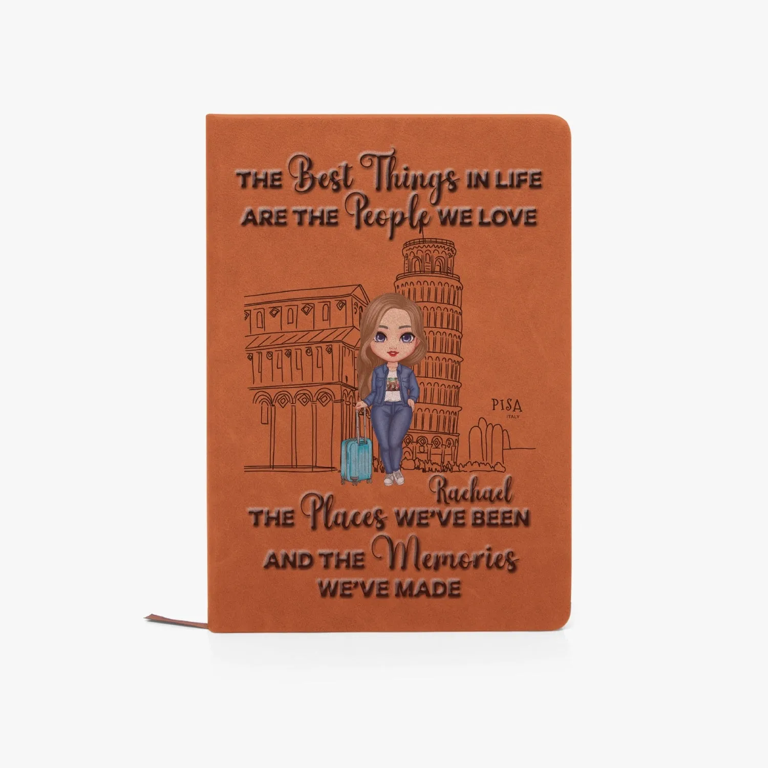 Personalised PU Leather Travel Journal Notebook, Italy Girl Brunette Hair, The Best things