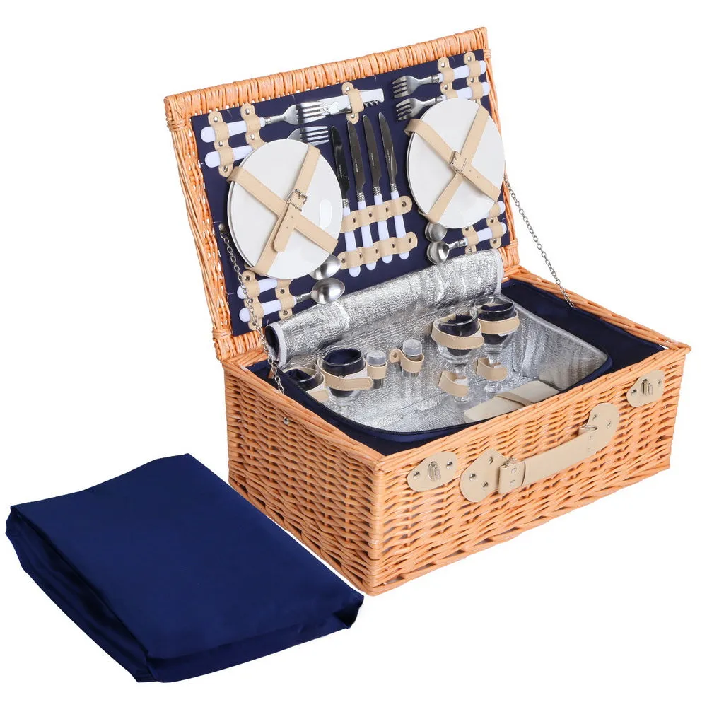 Picnic Basket Wicker with Insulated Blanket Navy