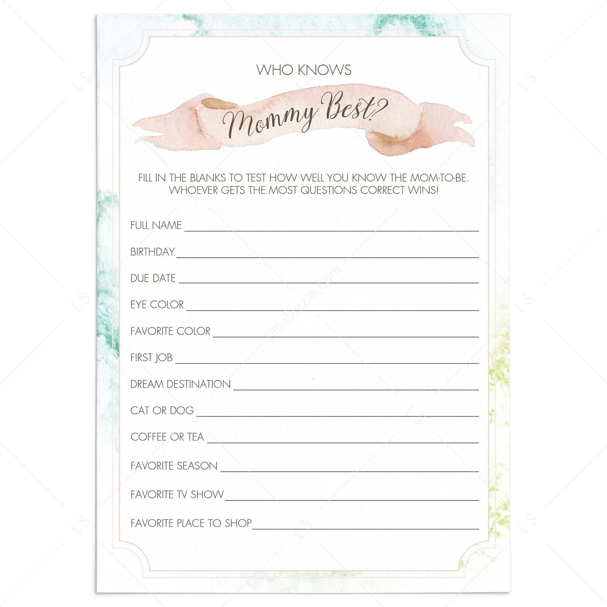 Printable Baby Shower Mommy Quiz Game Card