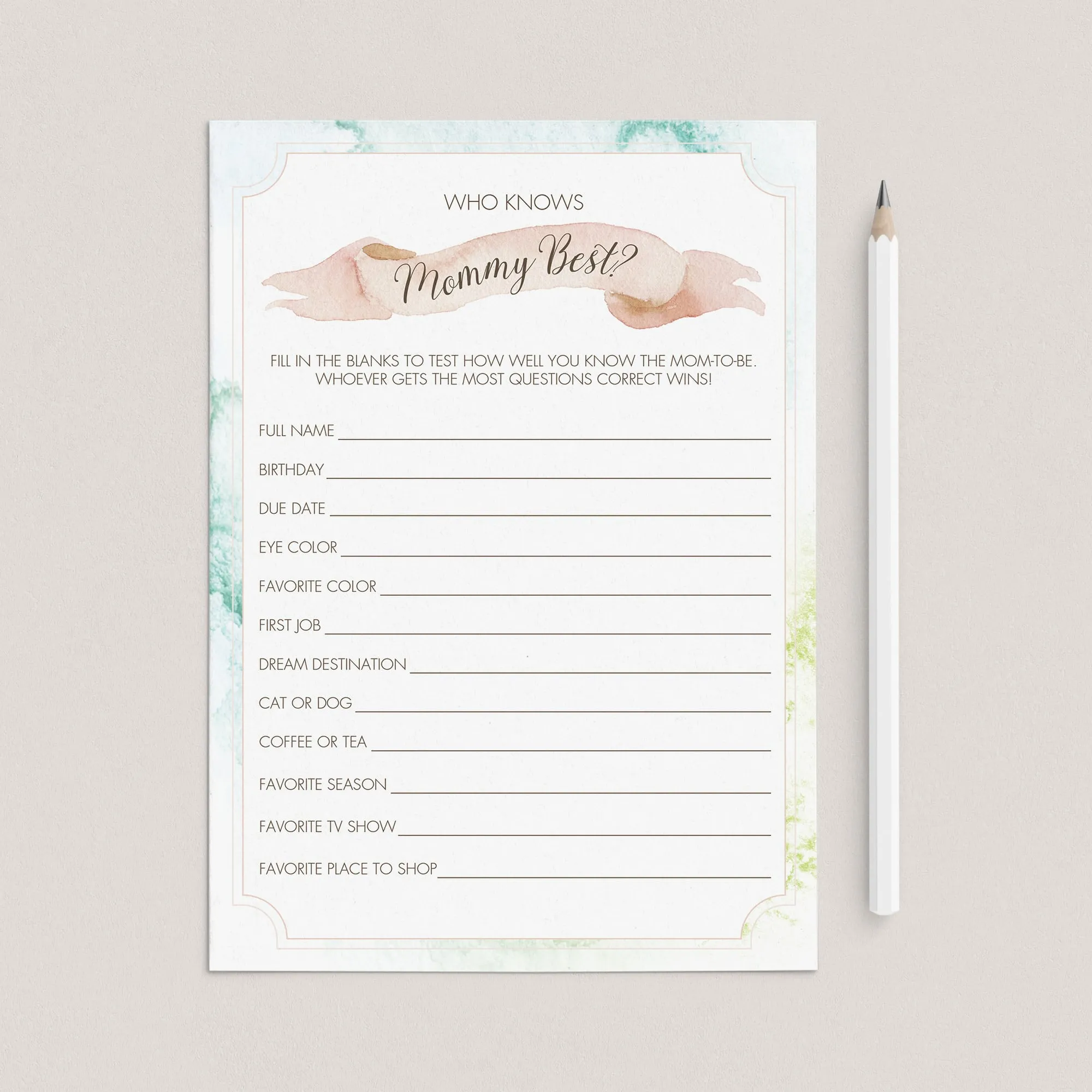 Printable Baby Shower Mommy Quiz Game Card