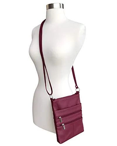 Roma Leathers Mini Cross Body Purse Multi Pocket Handbag Designed in the U.S.A. Wine