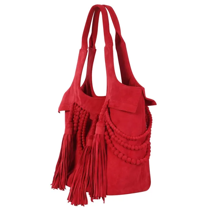 Ruby Red Bohemian Fringed Suede Handbag-Designer Fringed Leather Shoulder Bag