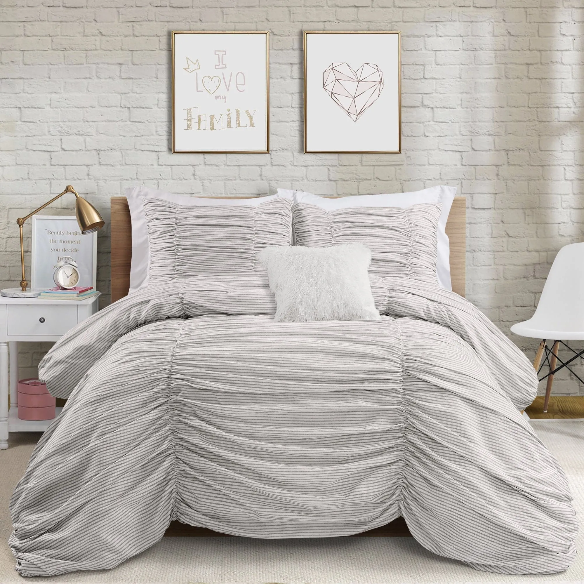 Ruching Ticking Stripe 3 Piece Comforter Set