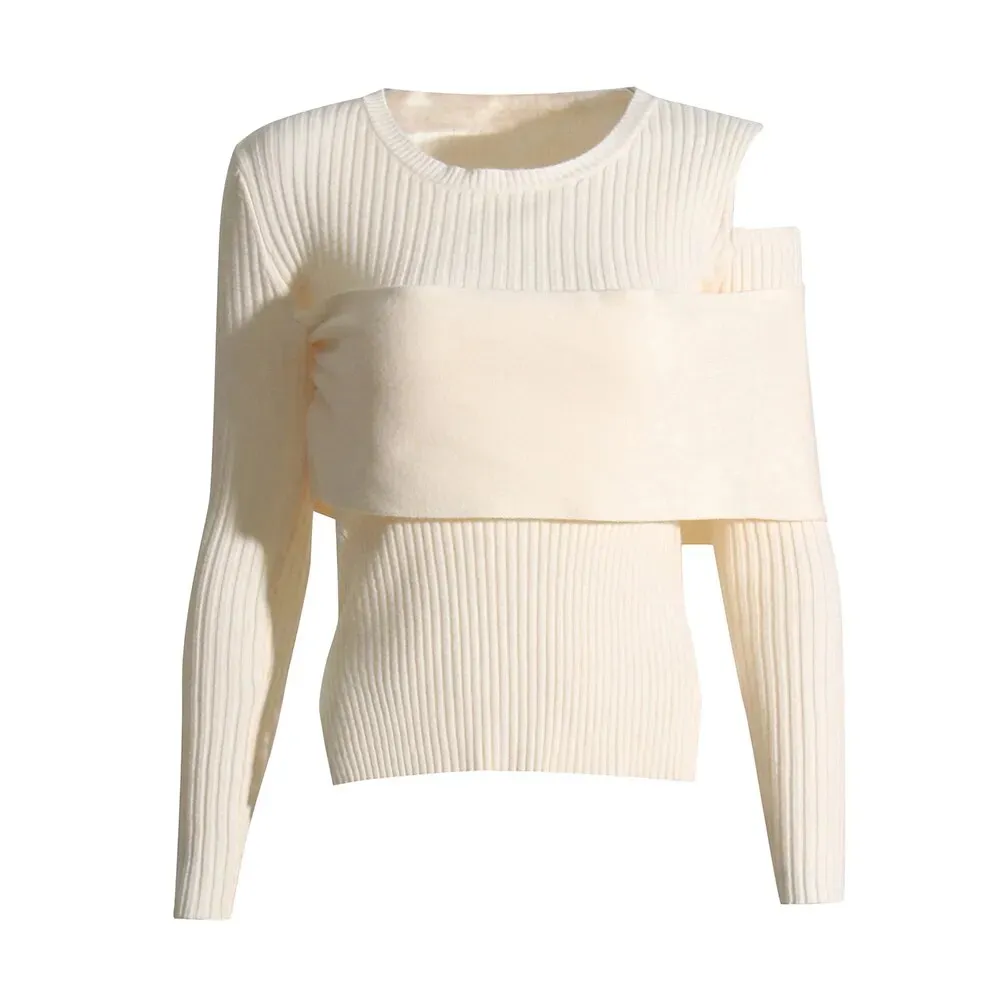 Slim Knitting Sweater For Women Round Neck Long Sleeve Cut Out Off Shoulder Solid Sweaters Female Clothing Fashion