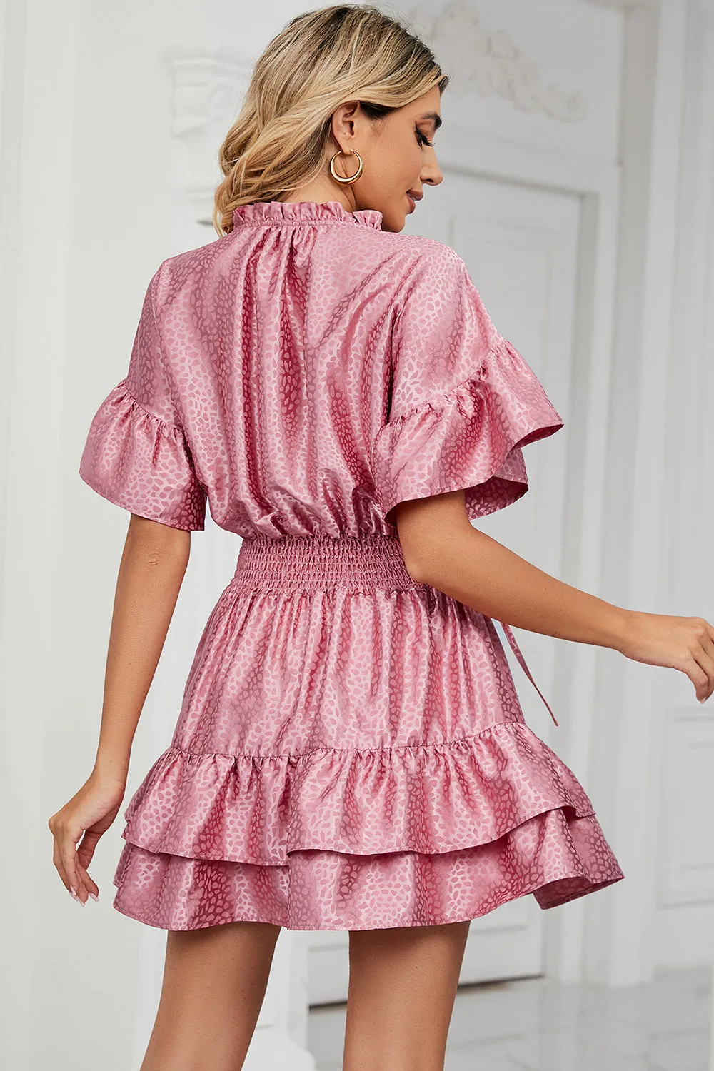 Smocked Tie Neck Flounce Sleeve Dress