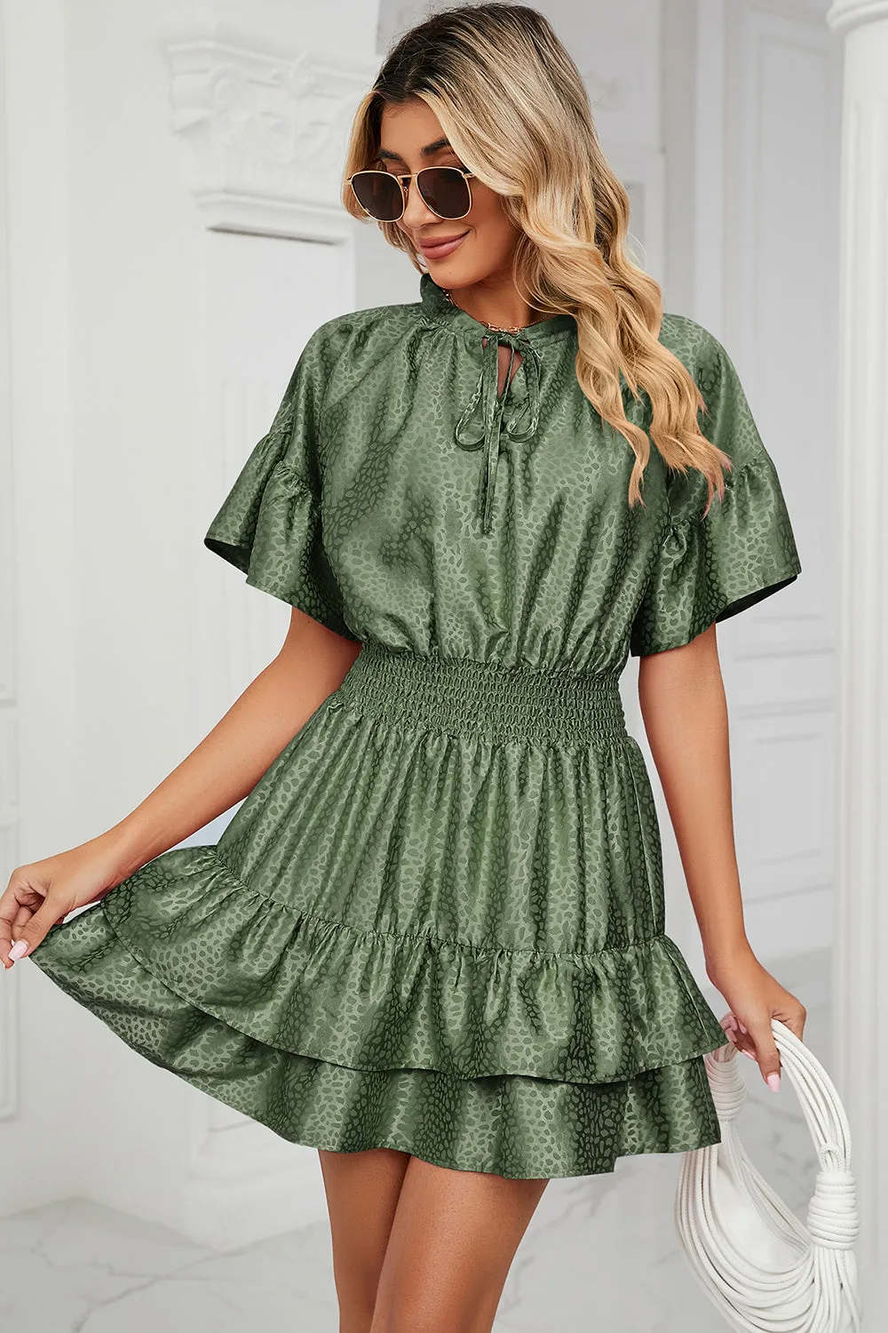 Smocked Tie Neck Flounce Sleeve Dress