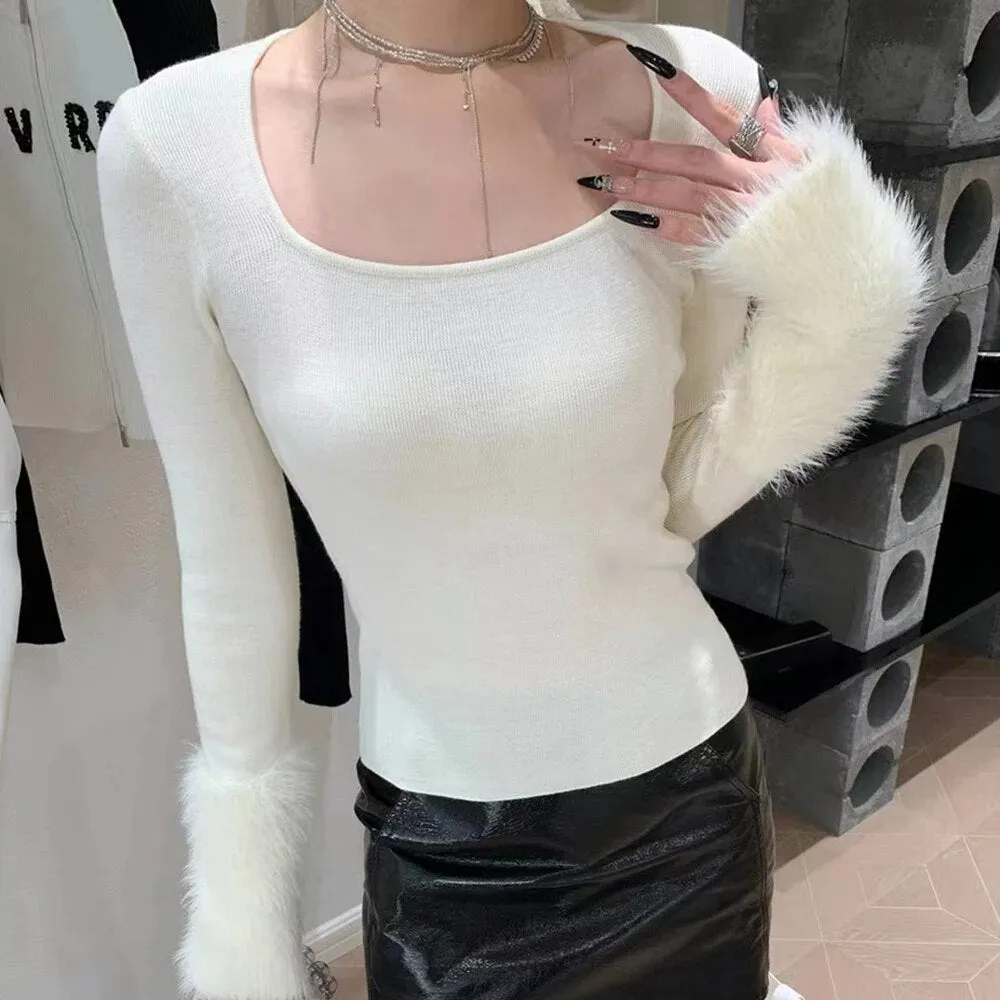 Solid Casual Minimalist Knitting Sweaters For Women Square Collar Long Sleeve Temperament Sweater Female Fashion