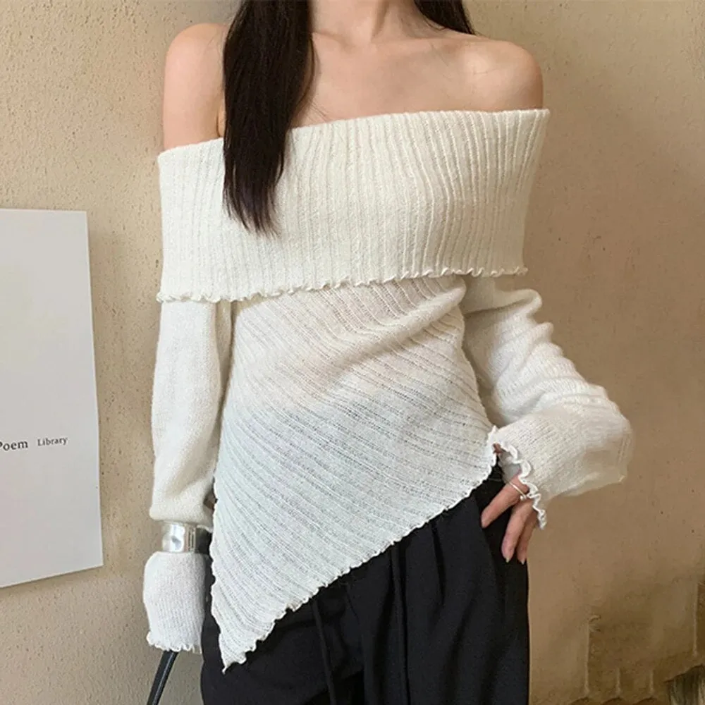 Solid Minimalist Knitting Sweaters For Women Slash Neck Long Sleeve Slimming Temperament Sweater Female Fashion