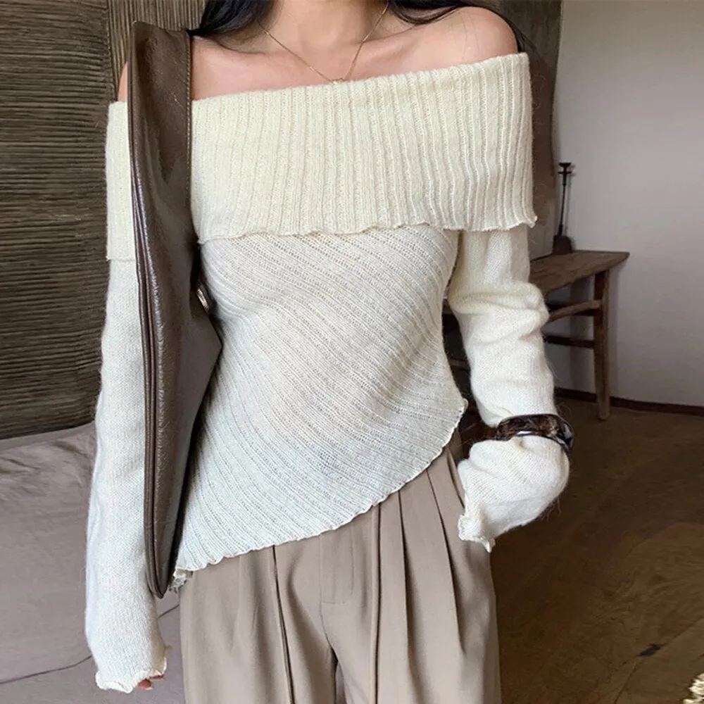 Solid Minimalist Knitting Sweaters For Women Slash Neck Long Sleeve Slimming Temperament Sweater Female Fashion