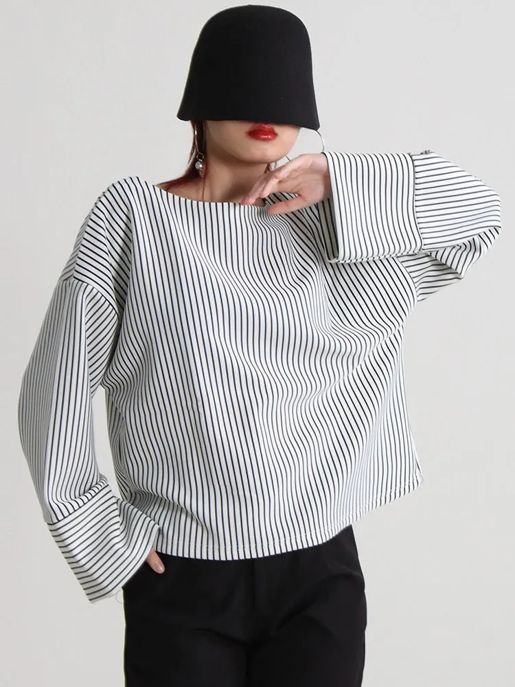 Straight Striped T Shirt Female Round Neck Flare Sleeve Colorblock Loose T Shirts Female Autumn Clothes Fashion