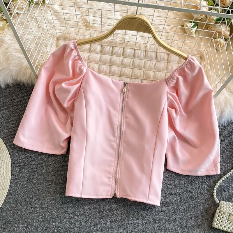 Summer Women Blouse Elegant Square Collar White Beading Pearl Buttons Bow High Waist Puff Sleeve Office Ladies Tops Korean