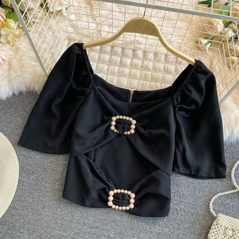 Summer Women Blouse Elegant Square Collar White Beading Pearl Buttons Bow High Waist Puff Sleeve Office Ladies Tops Korean