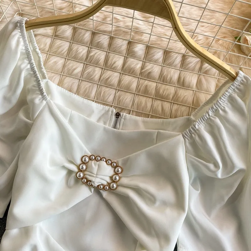 Summer Women Blouse Elegant Square Collar White Beading Pearl Buttons Bow High Waist Puff Sleeve Office Ladies Tops Korean