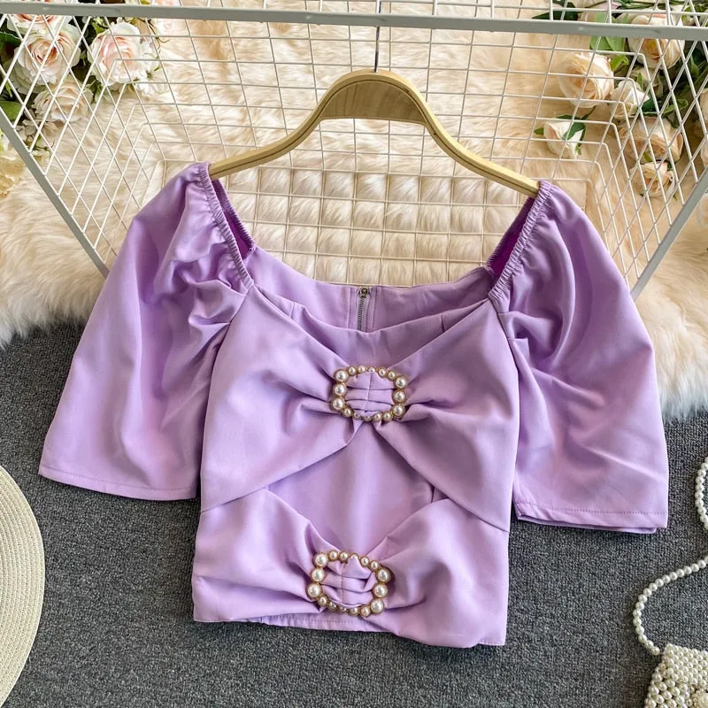 Summer Women Blouse Elegant Square Collar White Beading Pearl Buttons Bow High Waist Puff Sleeve Office Ladies Tops Korean