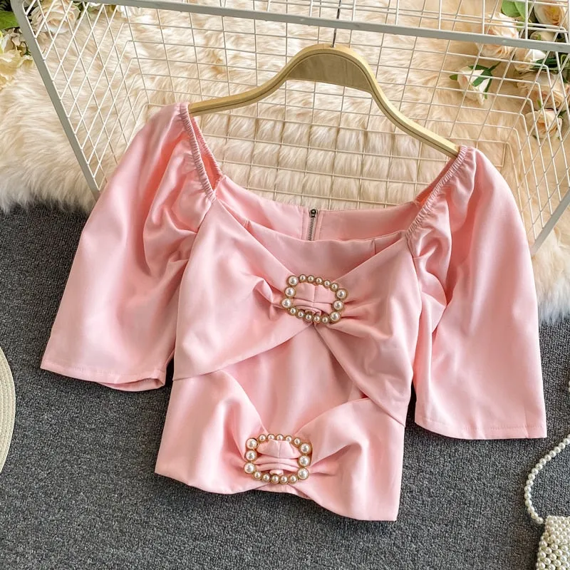 Summer Women Blouse Elegant Square Collar White Beading Pearl Buttons Bow High Waist Puff Sleeve Office Ladies Tops Korean