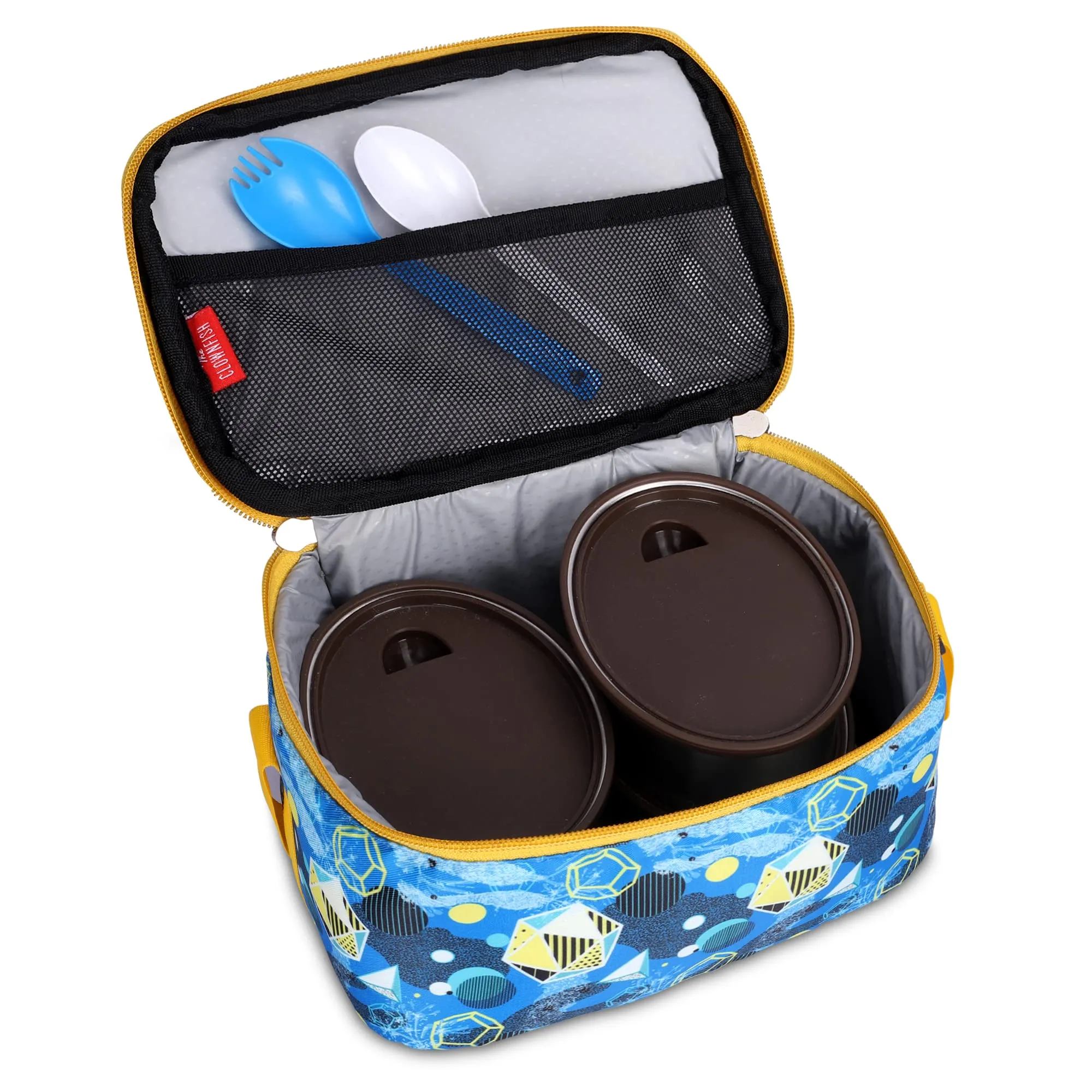 THE CLOWNFISH Snack Attack Series Polyester Printed Tiffin Carry Bag Lunch Bag Lunch Box Carrier Bag for School Picnic Travel Food Storage Bag (Light Blue)