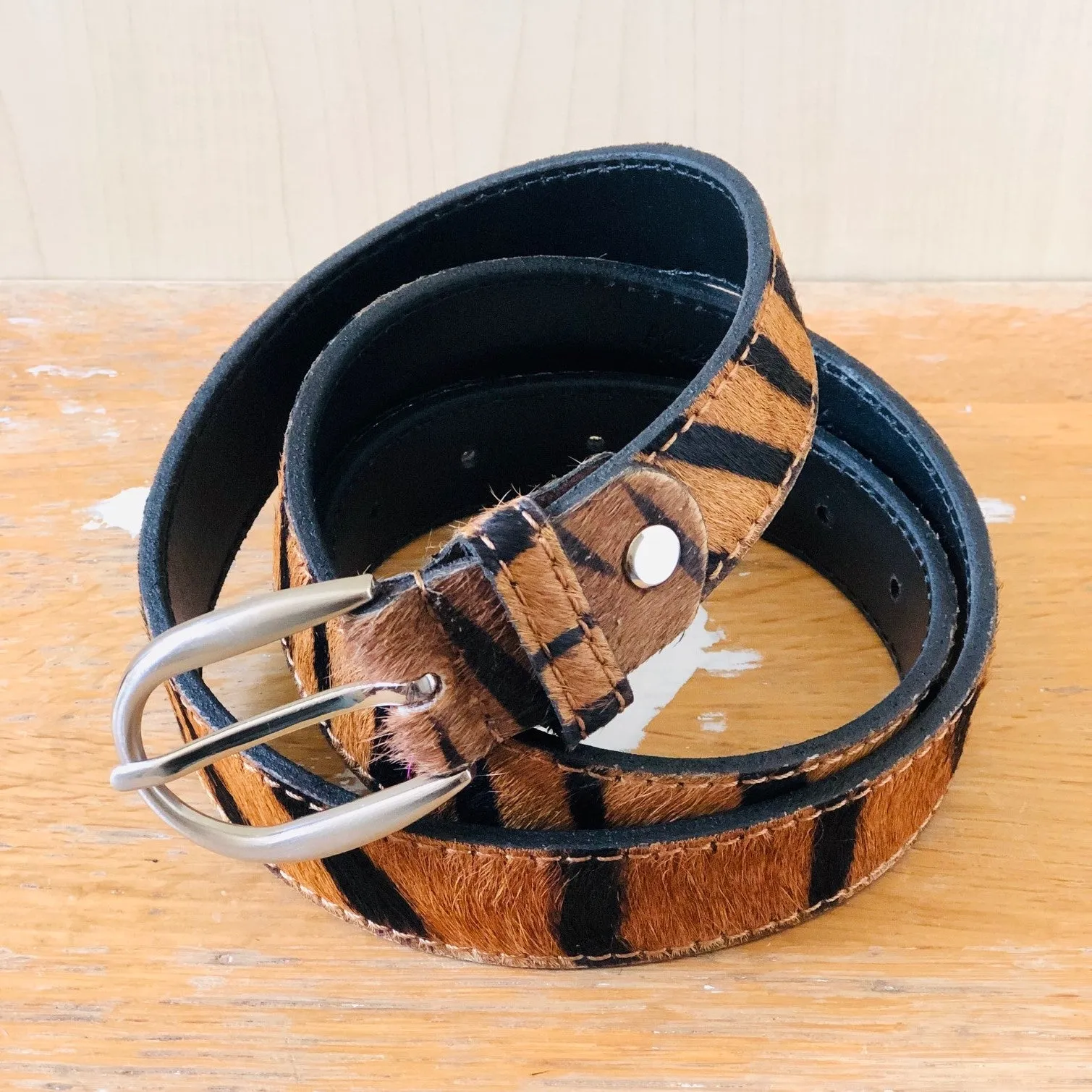 Tiger hair-on-hide leather belt