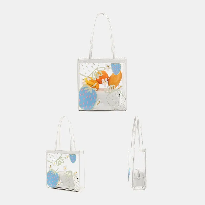 Women 2Pcs Waterproof Transparent Print Fruit PVC Multi-Carry Handbag Tote