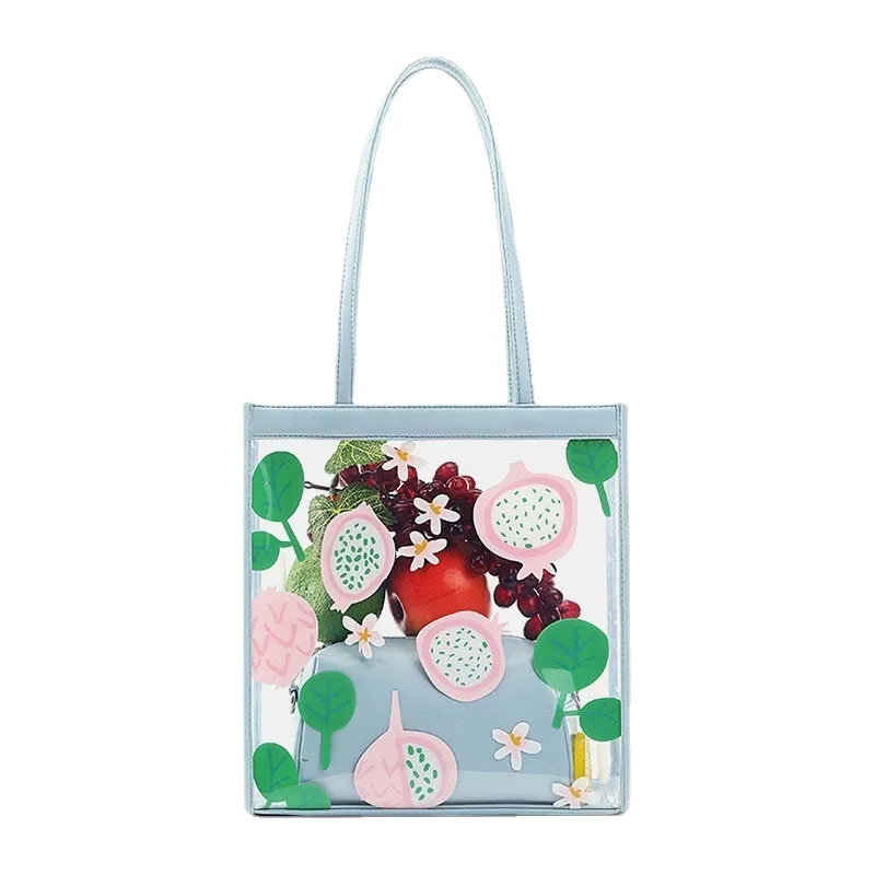 Women 2Pcs Waterproof Transparent Print Fruit PVC Multi-Carry Handbag Tote